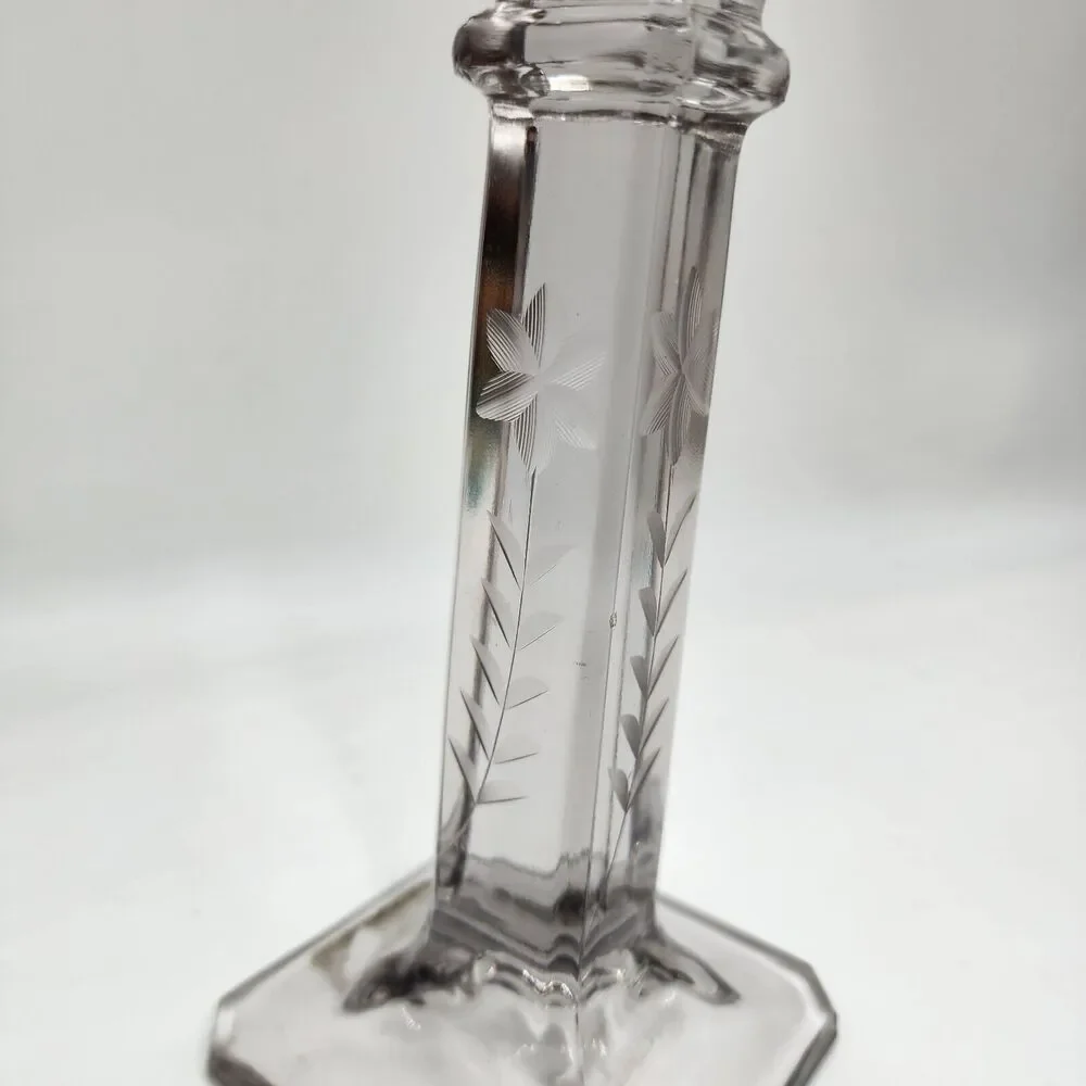 Vintage Westmoreland Glass Sun Purple Etched Flower Candle Stick Circa 1910-1930